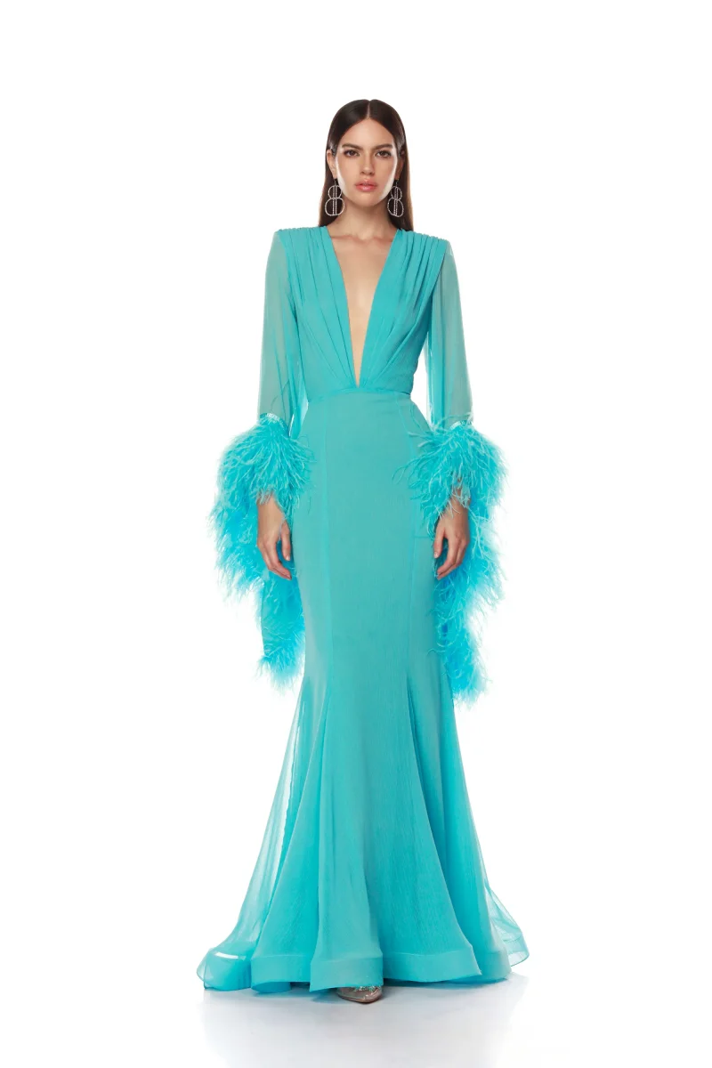 Jessica Sexy col en V profond robes de soirée à la main de luxe à manches longues plumes robes de bal bleu ciel robes de soirée personnalisées