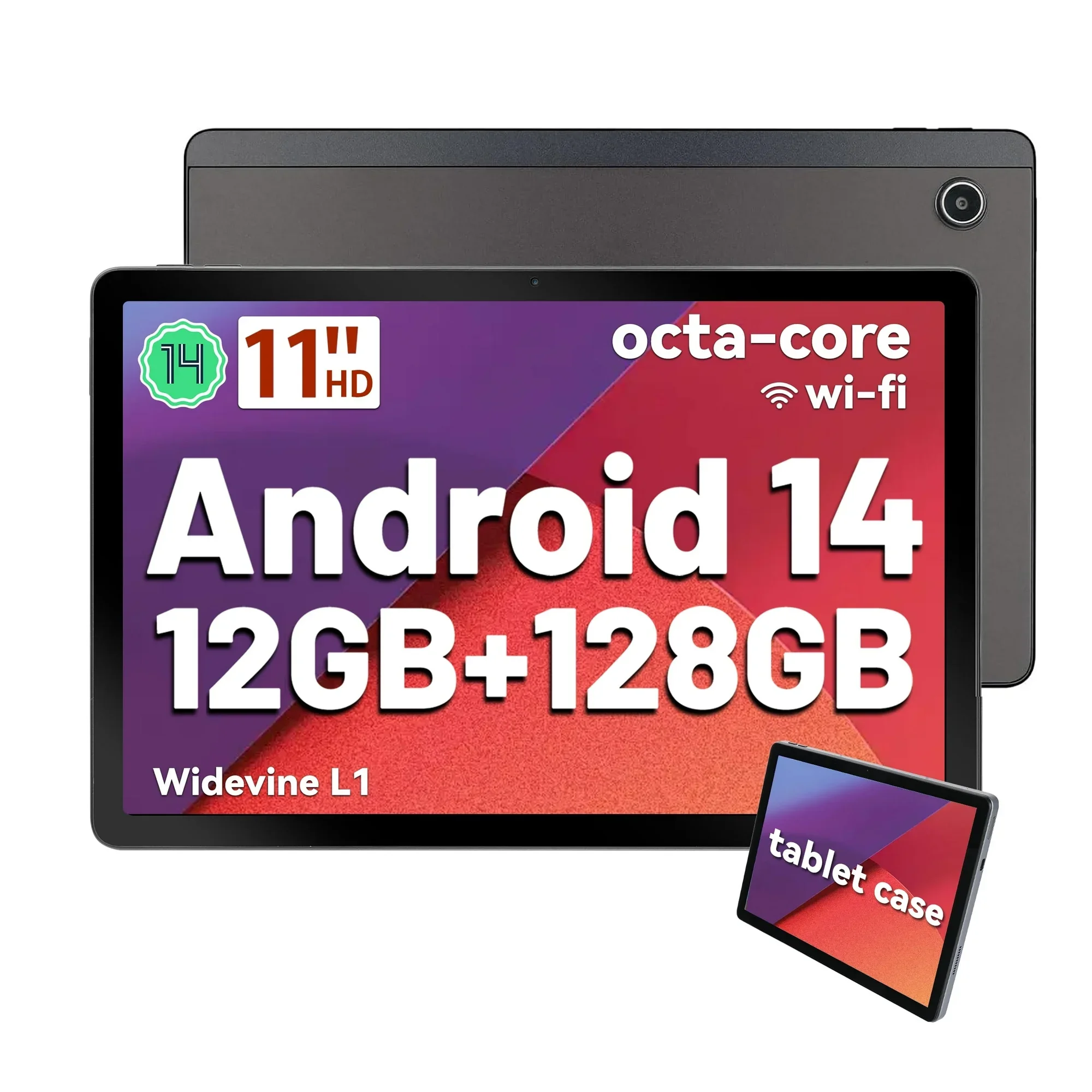 Tableta Android 14 de 11 pulgadas con procesador octa-core, 12GB de RAM + 128GB de ROM(1TB TF), 5MP + 13MP, pantalla dividida de 6800mAh, con funda