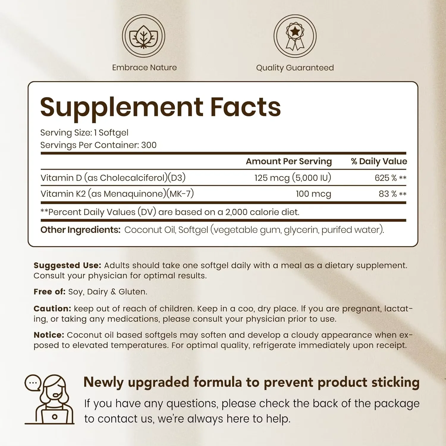 Vitamin D3 K2 5000 IU 100mcg MK-7 in Coconut Oil Softgels - 2-in-1 Supplement for Bone Health Easy Swallow Soft Capsules - 300 Count