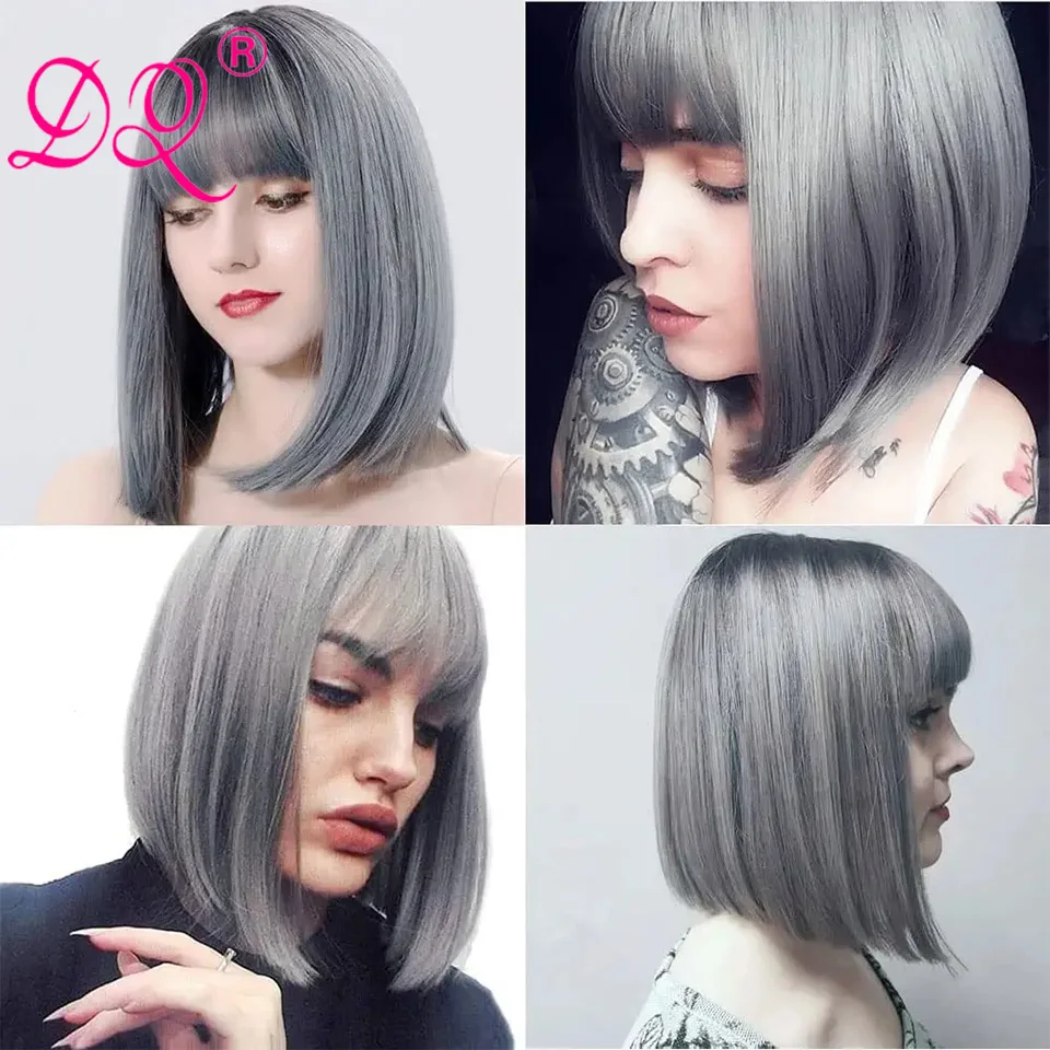 Straight Short Cut Bob Wigs Synthetic Hair Silver Gray Colored Wig with Bangs Daily Halloween Party Cosplay Wig for Black Women