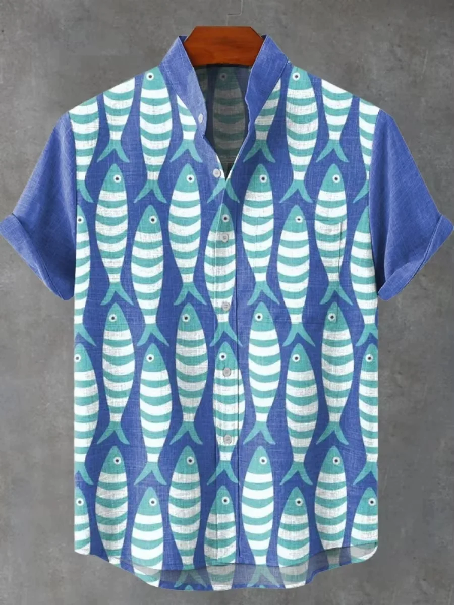 Новая мужская рубашка из льняной удобной ткани с короткими рукавами и принтом рыбы в стиле ретро в этническом стиле, быстрая доставка