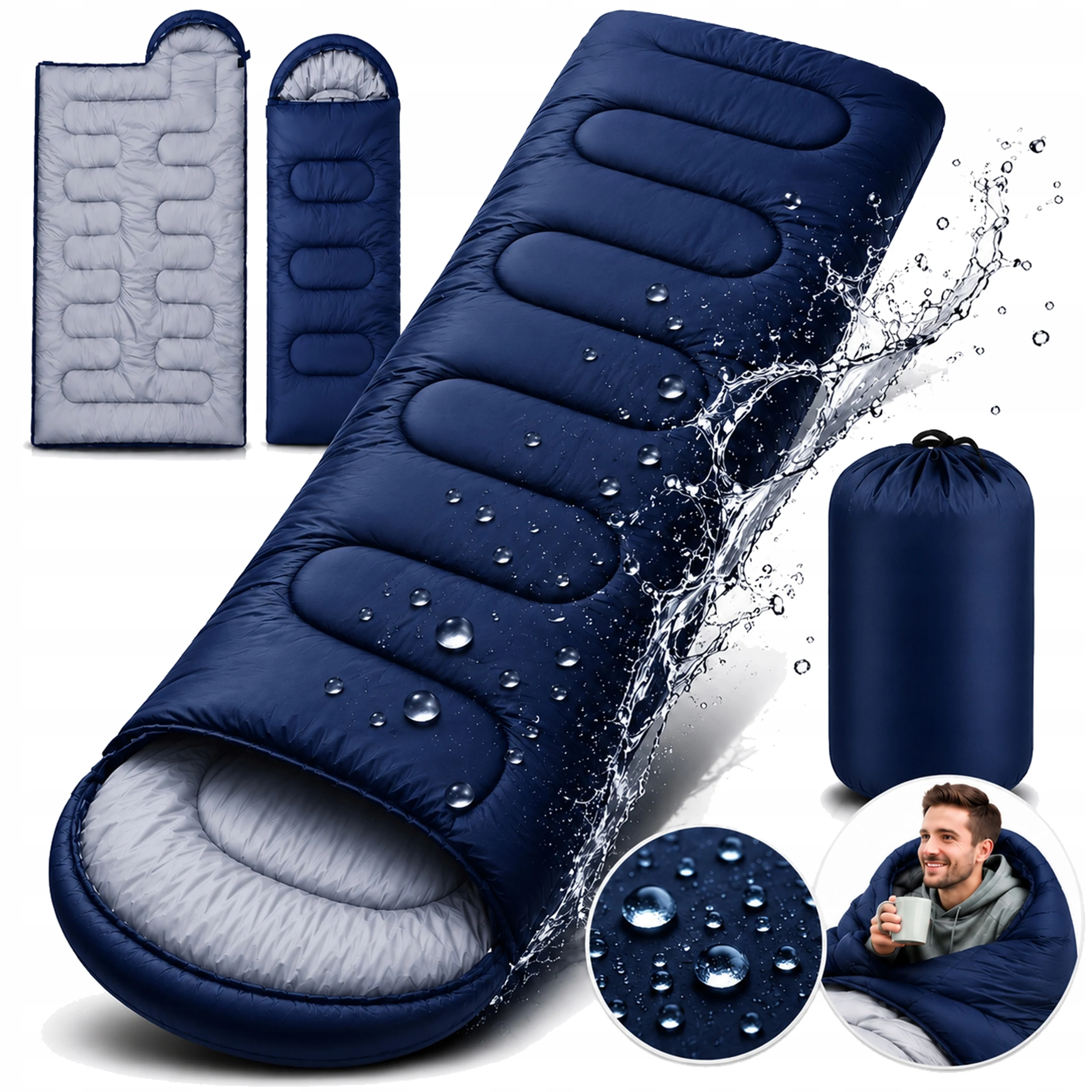 Slaapzak Tourist Warm Mummy Slaapzak 2 in 1 Groot met capuchon Marineblauw