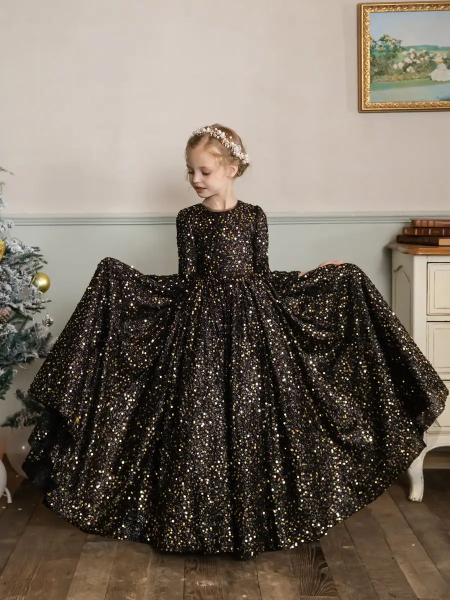 Crew Neck Velvet Sequins Flower Girl Dresses Long Sleeves For Wedding and Birthday Party Dress