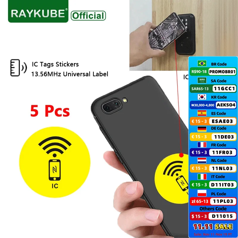 RAYKUBE 5 Pcs IC TAG Sticker 13.56MHz Universal Label Anti-Metal Tag NFC Mobile Phone Access Control Card Sticker