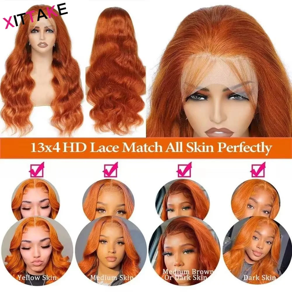 34 Inches Ginger Orange Body Wave Lace Wig Brazilian Body Wave 13x4 HD Transparent Lace Frontal Human Hair Wig 13x4 Glueless Wig