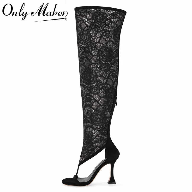 

Onlymaker/женские сапоги выше колена с кружевной сеткой и круглым носком, пикантные сапоги до бедра с молнией сзади, сандалии