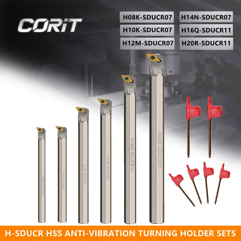 CORIT 6Sets H-SDUCR HSS Anti-vibration Boring Bar Set CNC Lathe Turning Tool H08 H10 H12 H14 H16 H20 with Inserts DCMT