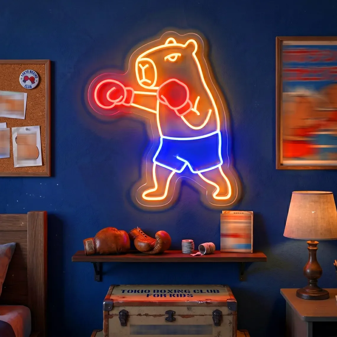 Boxing Capybara Neon Sign, Custom Gym Wall Decor, Retro Boxing Studio Man Cave Decor, Fitness Lover Gift