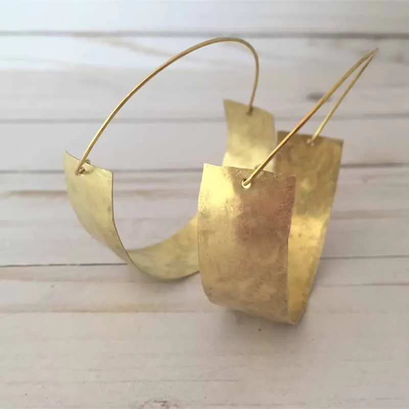 Gold Statement Hoop Earring for Women, Large Brass Tribal Earrings, Thick Gold Hoop Earring, Hammered Gold Earring