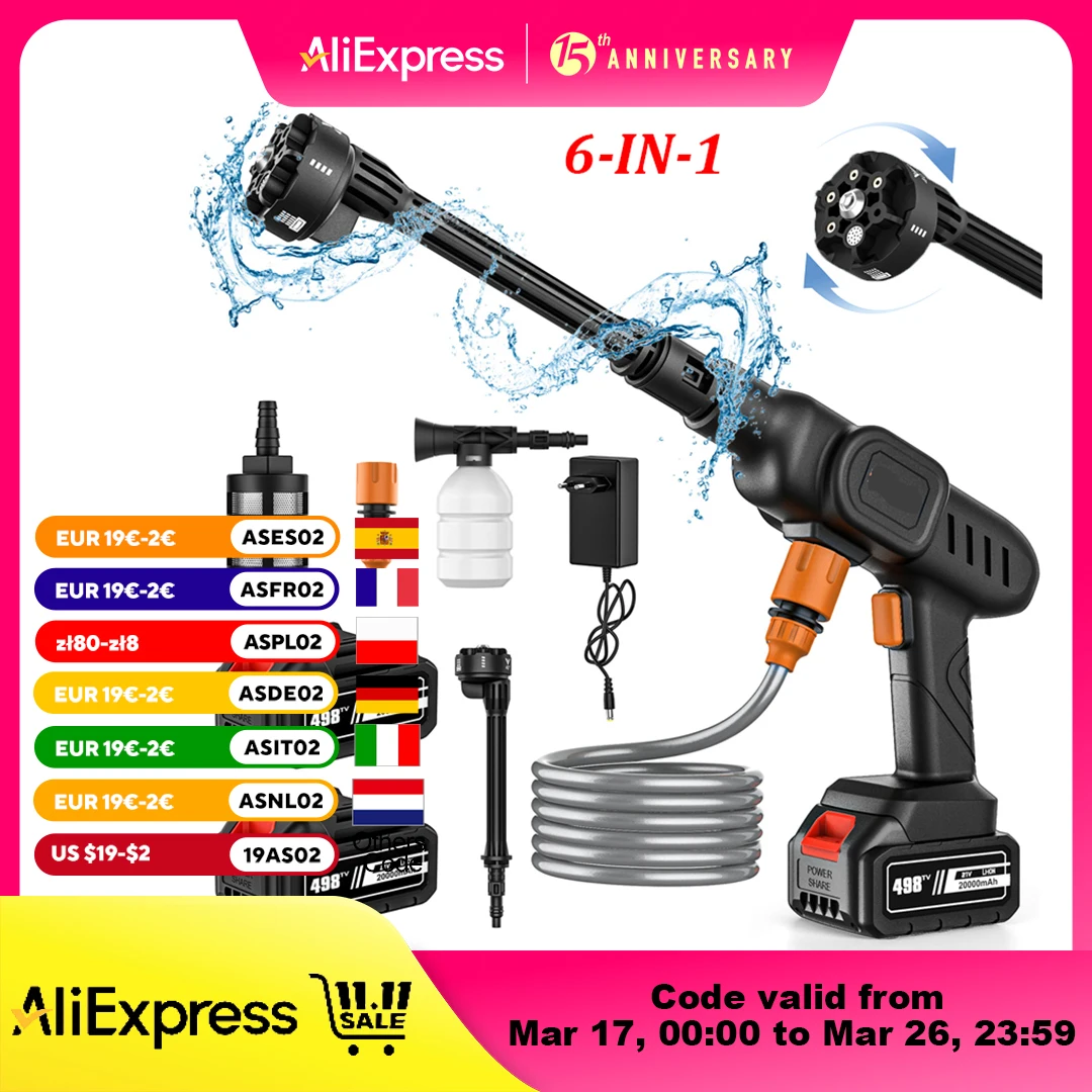 Pistola de agua para coche limpia de alta presión 6 en 1, 60bar, mAh, máquina de pintura para jardín y hogar, para batería Makita