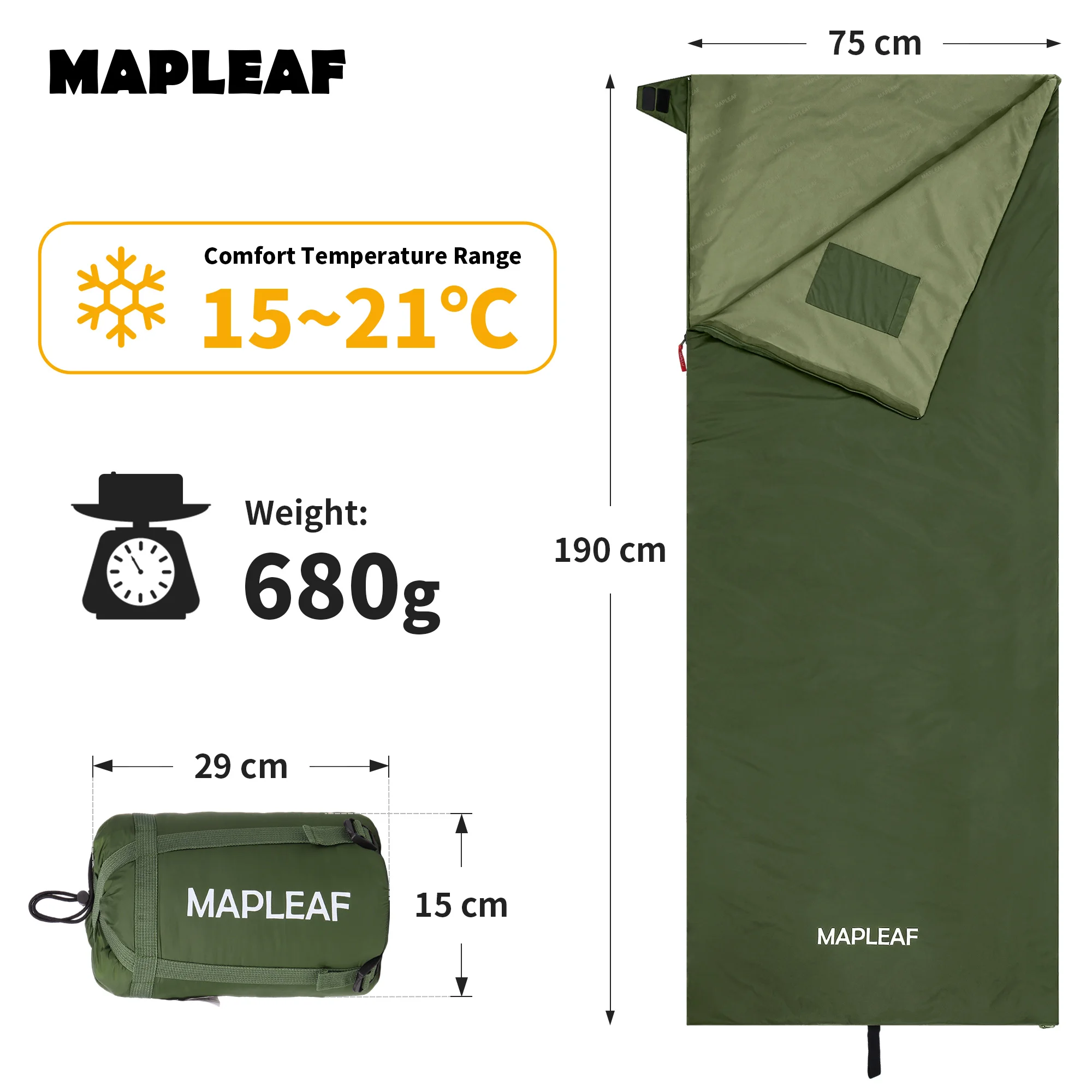 MAPLEAF slaapzak, ultralicht, draagbaar, waterdicht, geschikt voor buiten, zomer, envelopvorm, katoen, campingslaapzak.