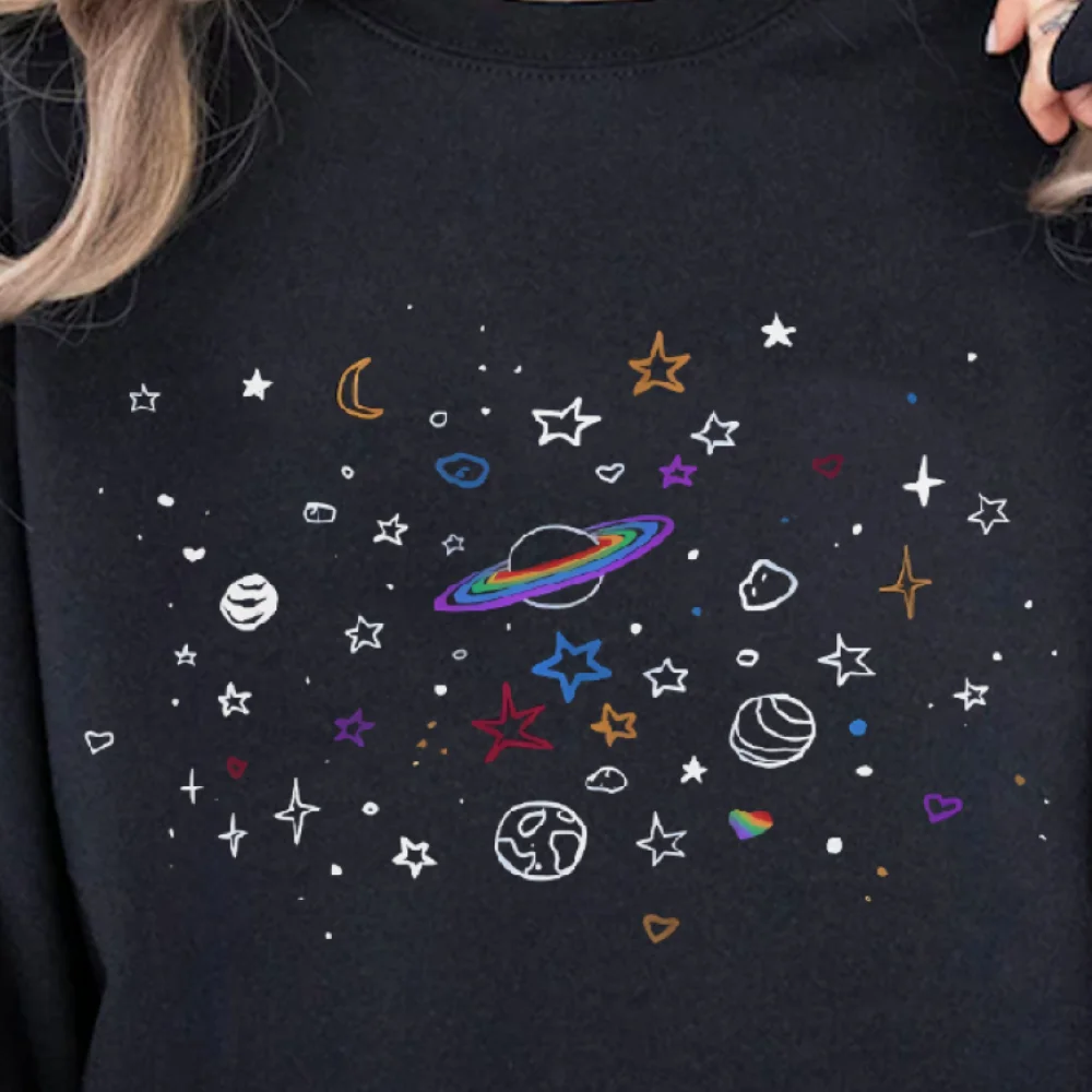 Cosmic Elements Sweatshirt Casual Loose Long Sleeved Colorful Galaxy Motif Trendy Casual Fashionable Comfortable Cloth Top