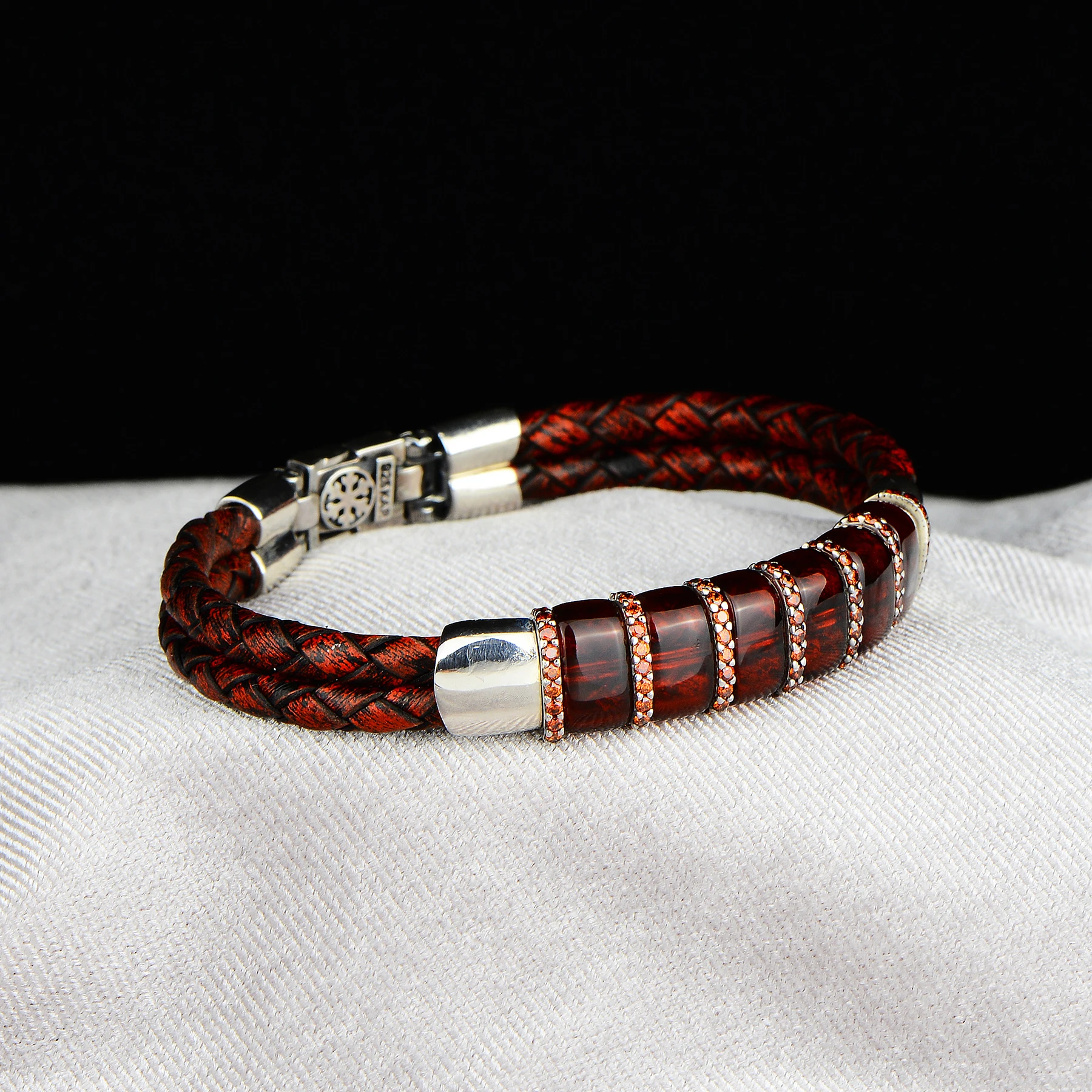 Men Leather Bracelet , Silver Natural Ruby Stone Bracelet , Unique Anniversary Gift For Men Vintage Bracelet