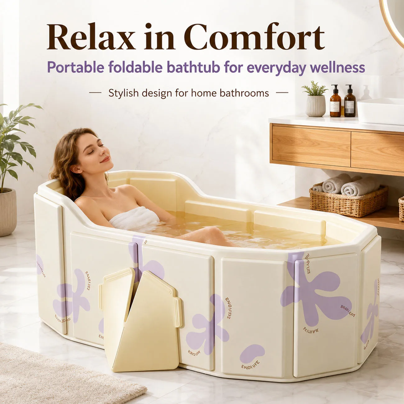 1PC Large Adult Foldable Bath Tub with Comfortable Backrest, Portable Freestanding Soaking Spa Tub for Indoor Bathroom Use