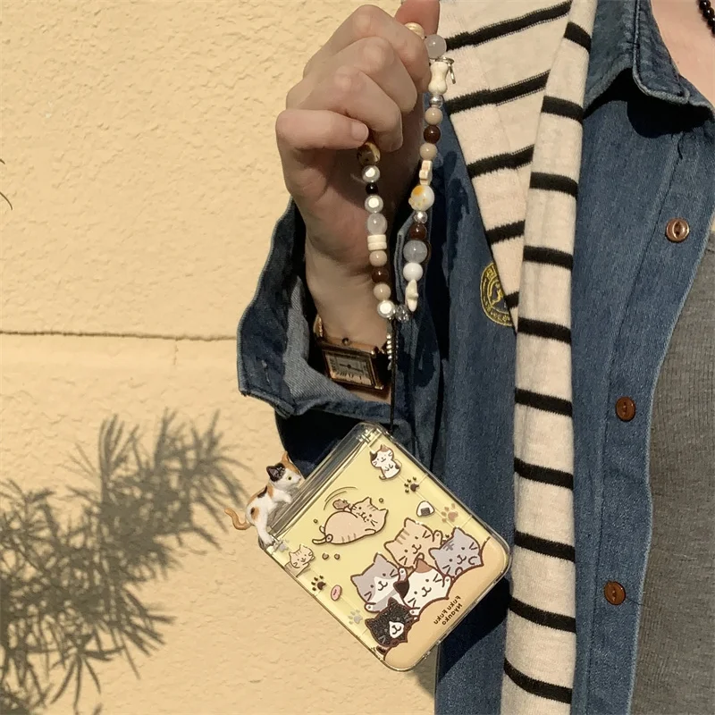 Koreański uroczy kotek 3D z miejscem na kartę składane etui na telefon Samsung Z Flip3 4 zflip5 flip6 Galaxy 5G Kawaii flip z łańcuszkiem — zdjęcie produktu 3