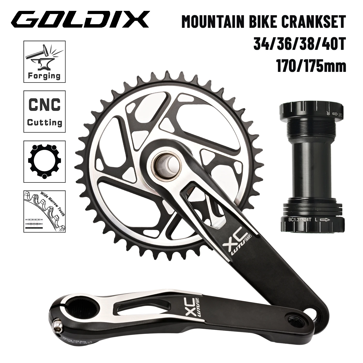 GOLDIX MTB-Kurbelgarnitur, 170/175 mm SL, 3 Bolzen, Direktmontage-Kurbel, 0 mm versetzt, 34 Zähne, 36 Zähne, 38 Zähne, 40 Zähne, Kettenblatt für XC AM