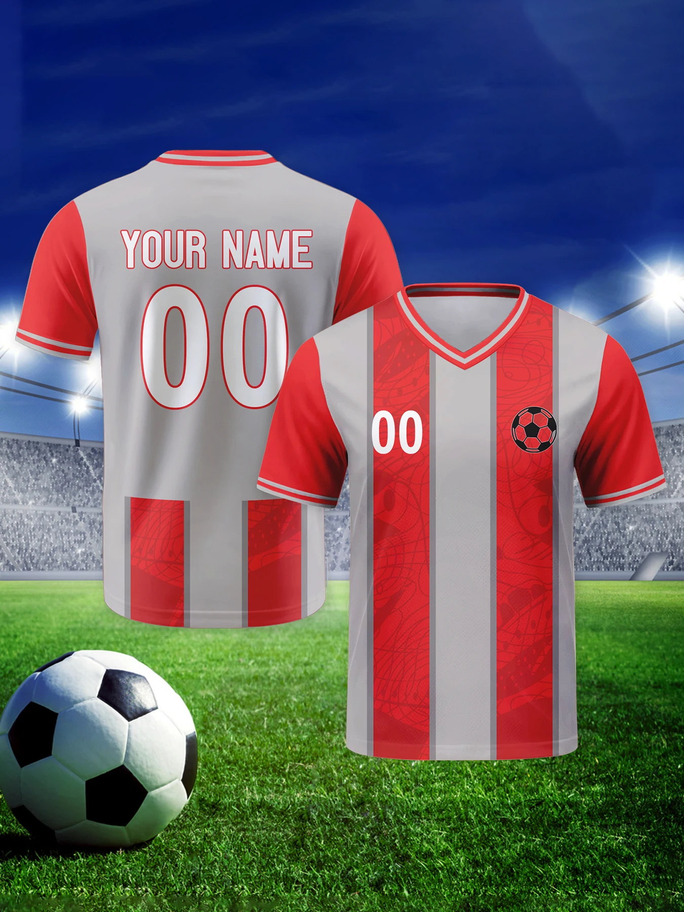 

Custom Football Jersey with Logo Name Number Personalized Soccer Shirt for Men Youth Women Gray Red Stripe Football Team Top
