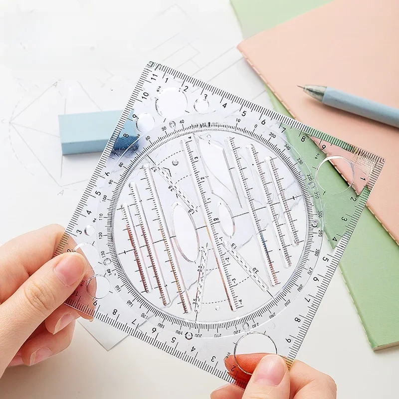 Règle universelle multifonctionnelle rotative, 1 pièce, ensemble de règles, cercle mathématique, modèle Ellipse, Triangle d'examen, règle parallèle