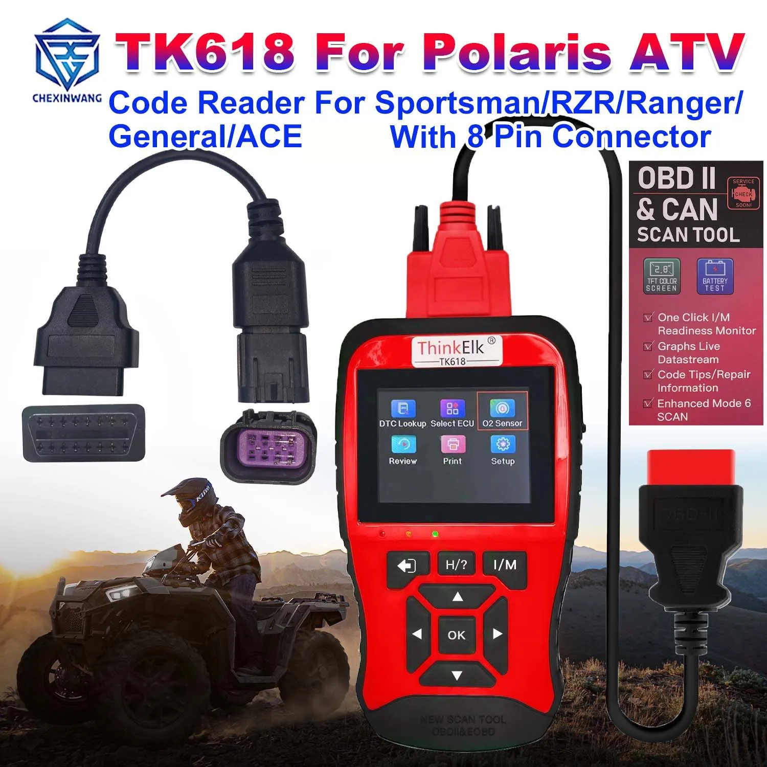 

Диагностический сканер ThinElk TK618 для квадроциклов Polaris с 8-контактным разъемом OBD2 для моделей Sportsman/RZR/Ranger/General/ACE