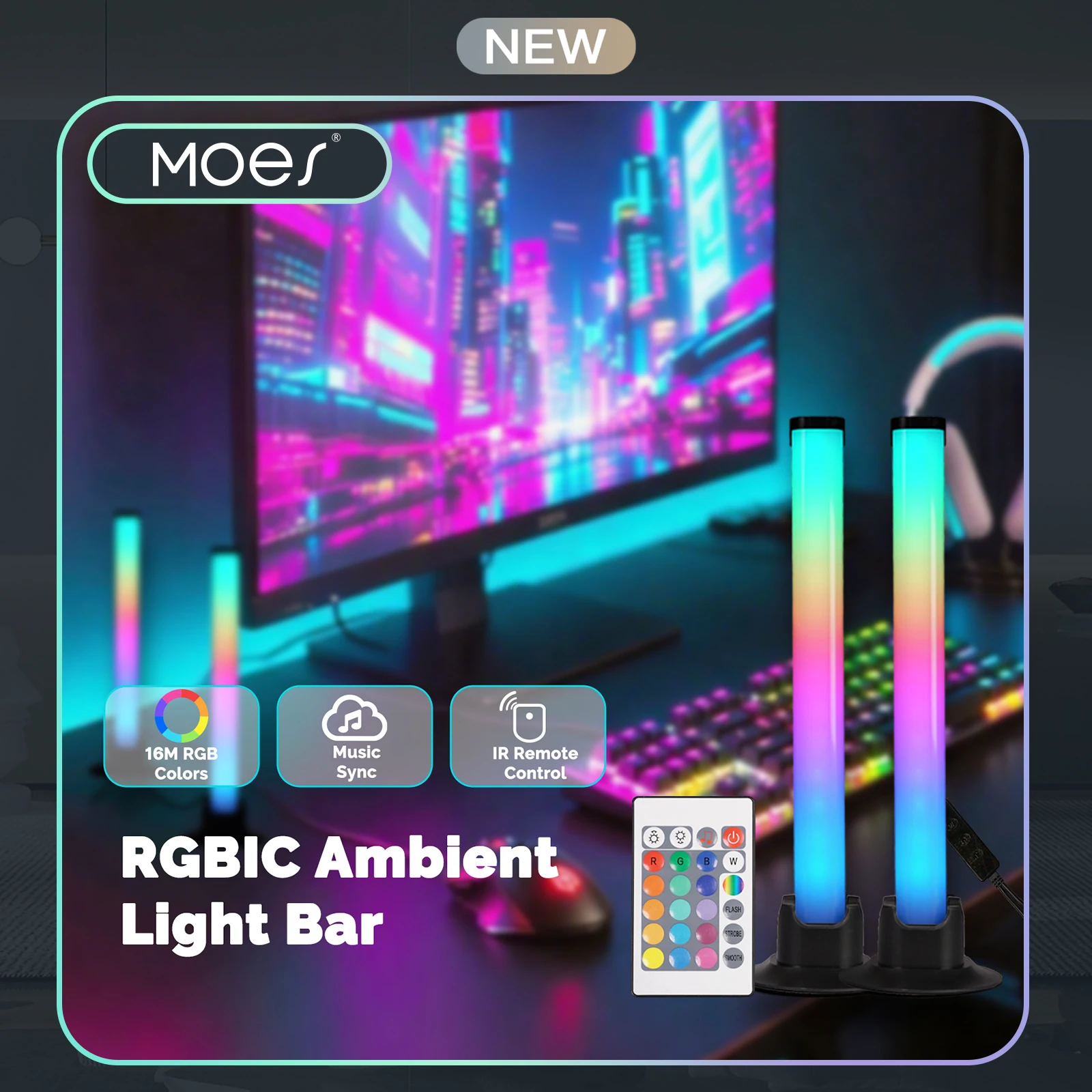 MOES RGB Bar Light Music Sync with IR Remote Control USB Powered Backlight for PC Desktop Cabinet Gaming Room Home Decor
