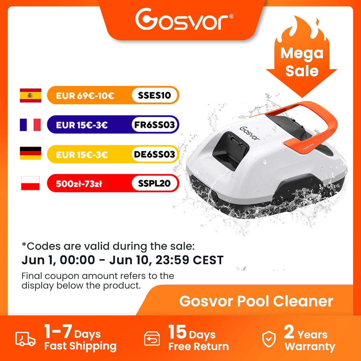 Robot nettoyeur de piscine Gosvor, sans fil, aspirateur de piscine efficace