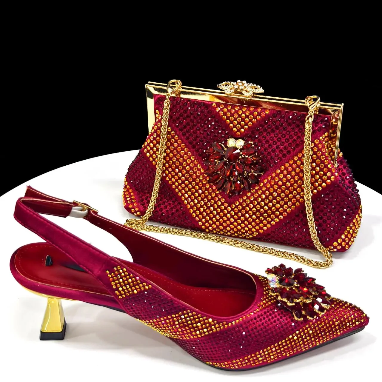 2024 Italian Design Rhinestone Luxury Wine Colour Pointed Toe Shoe & Bag Set Women's High Heels for Parties By Venus Chan