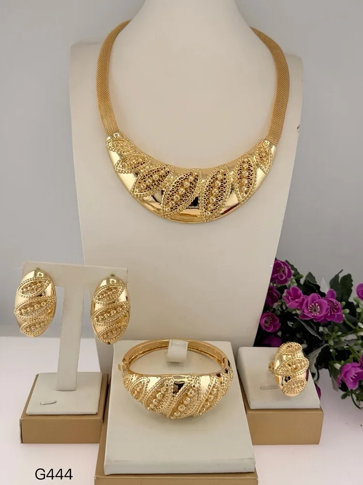 Luxury Two Tone Skeleton Beads Leaf Shape Italian Jewelry Trendy Collar Brazalete Aretes Anillo 4PC Jewels Set for Wedding Party