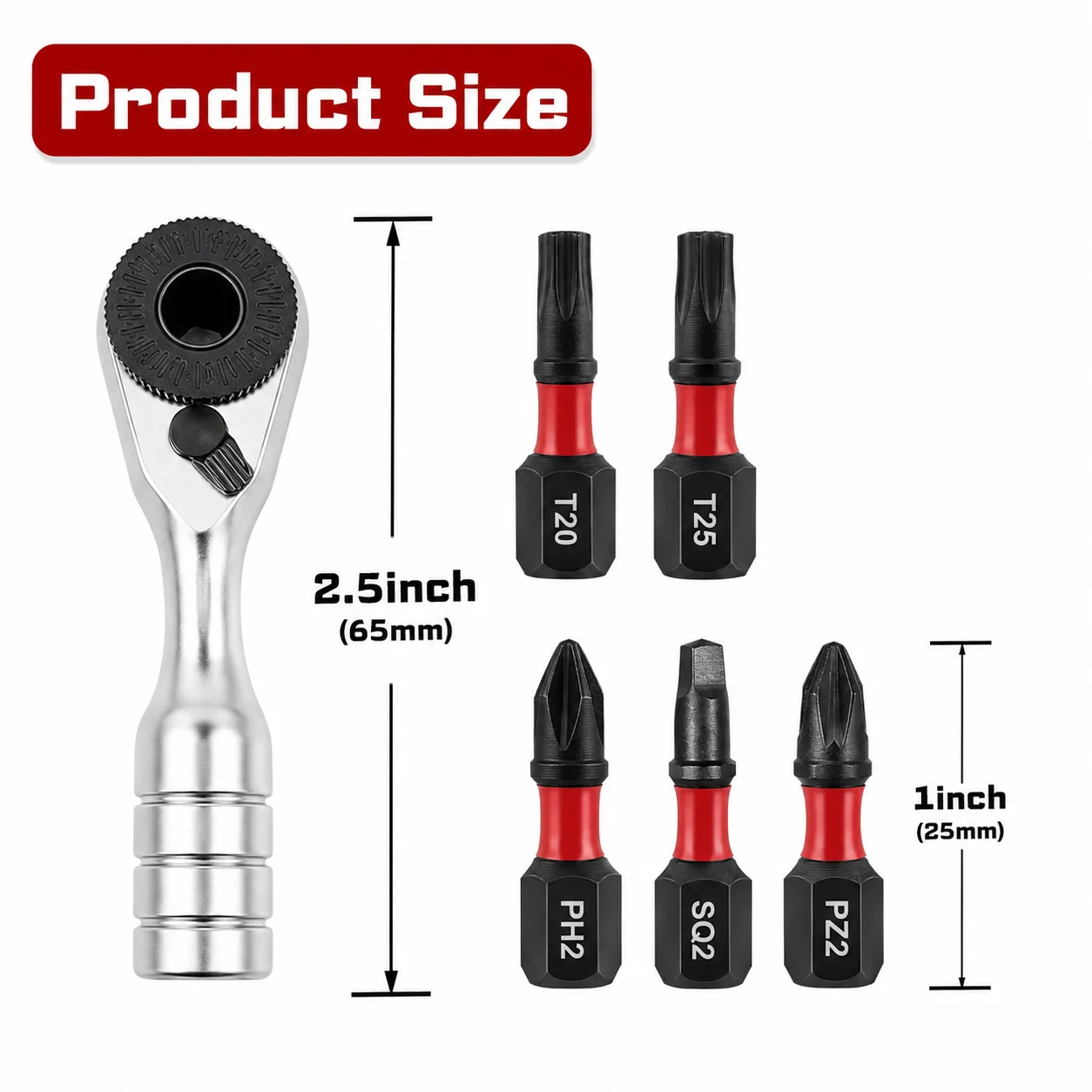 Rafford 6PCS Mini Ratchet Wrench Set, Screwdriver bit ULTRA TORQUE Bits with 1" PH2, PH2, PZ2, T20, T25, SQ2, Phillips Torx image 6