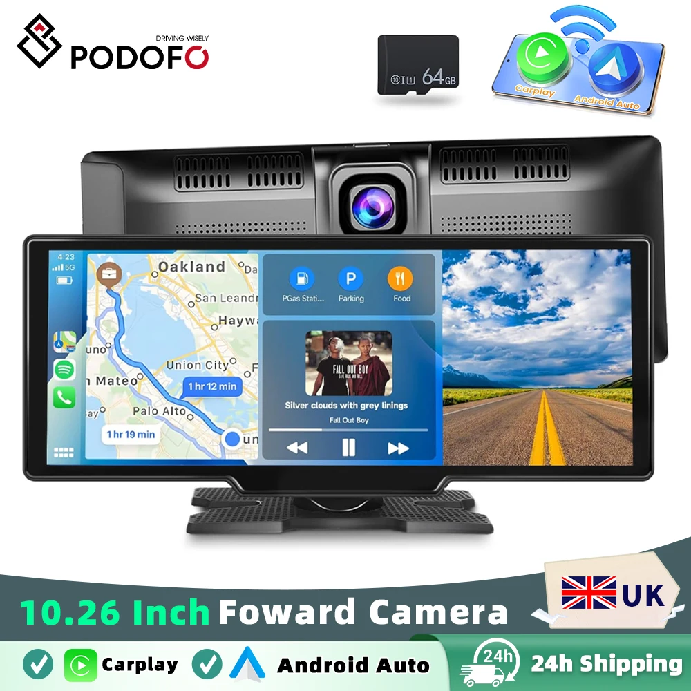 Podofo Universal 10.26" Portable Smart Player Wireless Carplay Android Auto Car Stereo Digital Dashboard With Foward Camera BT