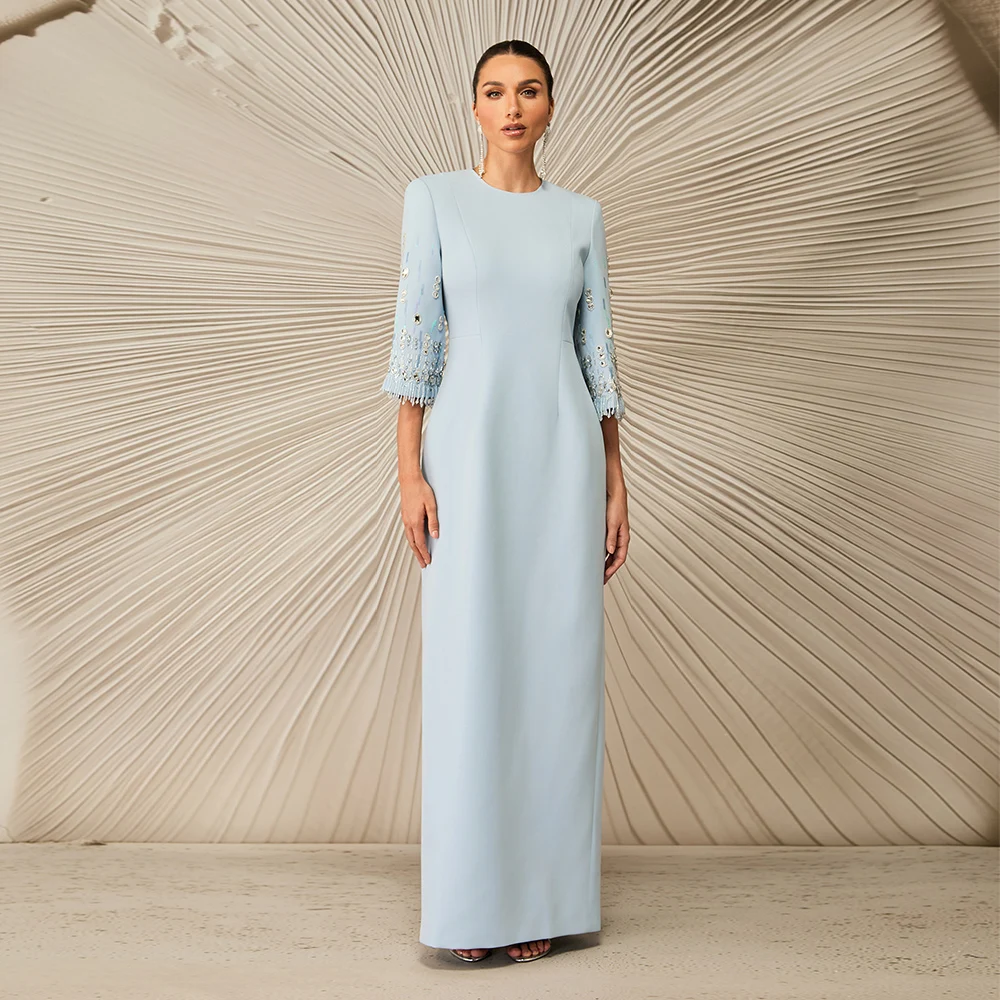 

Luxurious Wedding Guest Dresses for Women 2025 O Neck Beading Column Evening Gowns Three Quarter Sleeves Back Slit Evening Dress