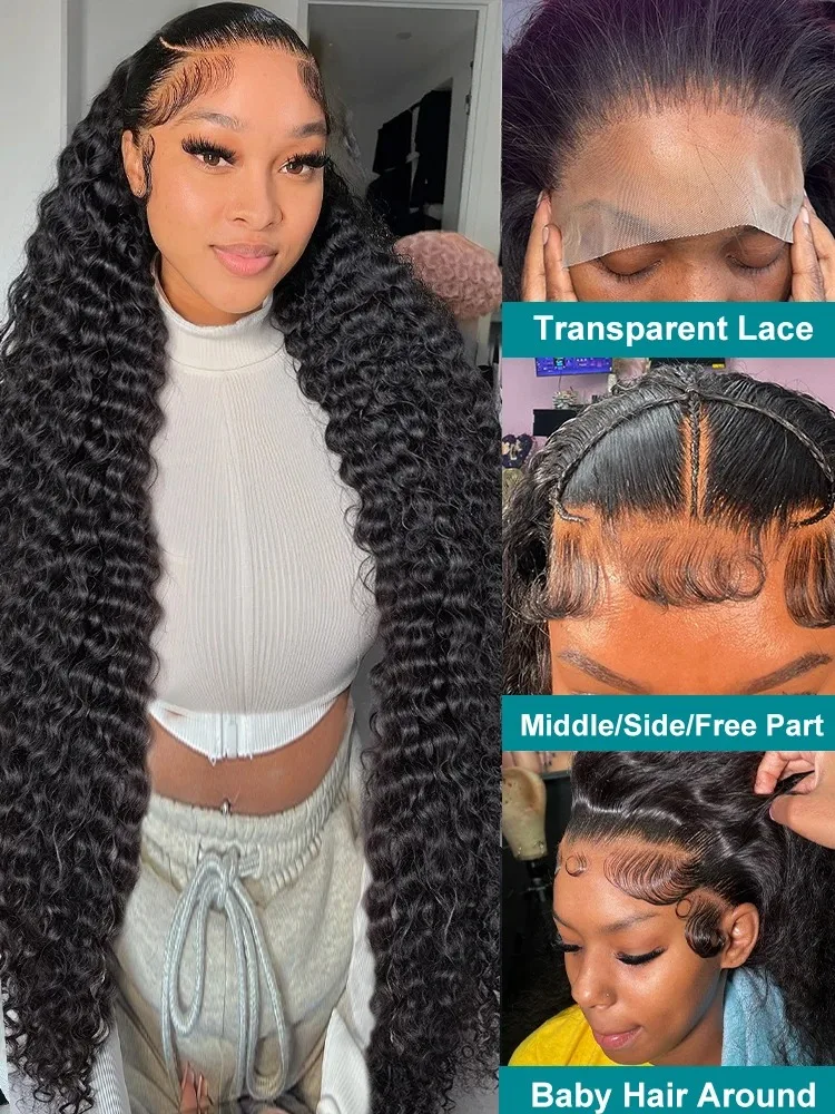 220 High Density 13x6 HD Transparent Lace Frontal Curly Wigs Human Hair 30 40 Inch Deep Wave 6x6 Lace Closure Glueless Wig Remy image 4