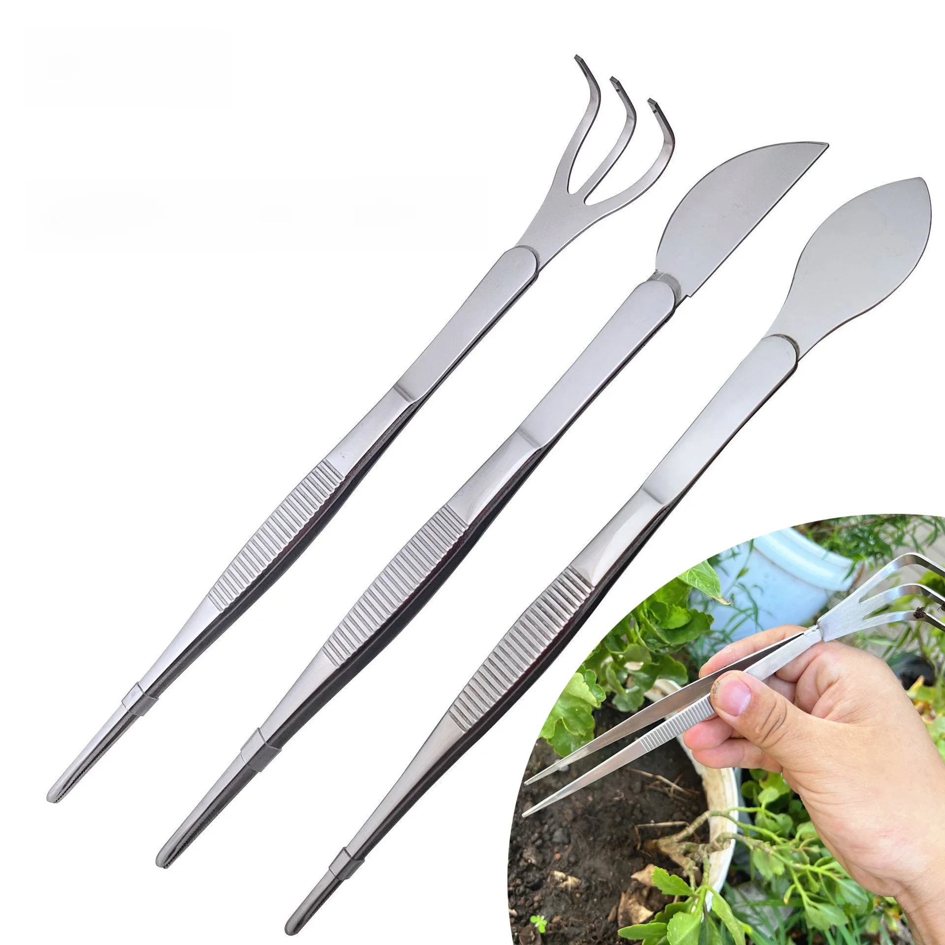 Grabie korzeniowe ze stali nierdzewnej 2 w 1 304 z pęsetą do bonsai z ergonomicznym uchwytem Narzędzie do rolnictwa gleby do tworzenia sukulentów — zdjęcie 2