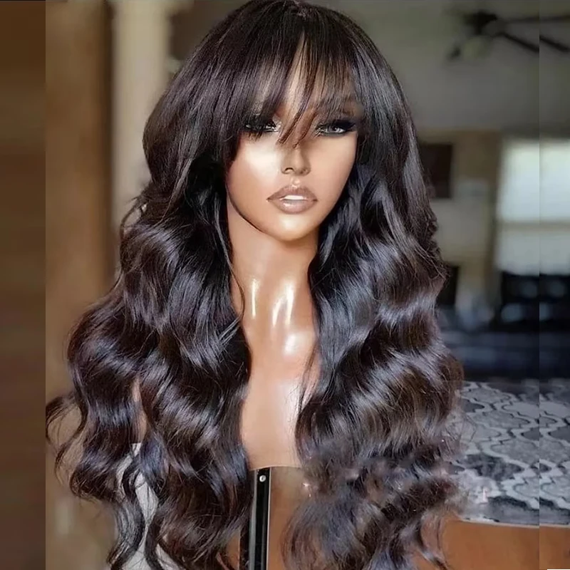 Debut Natural Black Body Wave Human Hair Wig With Bangs For Women Long Remy Brazilian Human Hair Wigs Full Machine Made Wigs