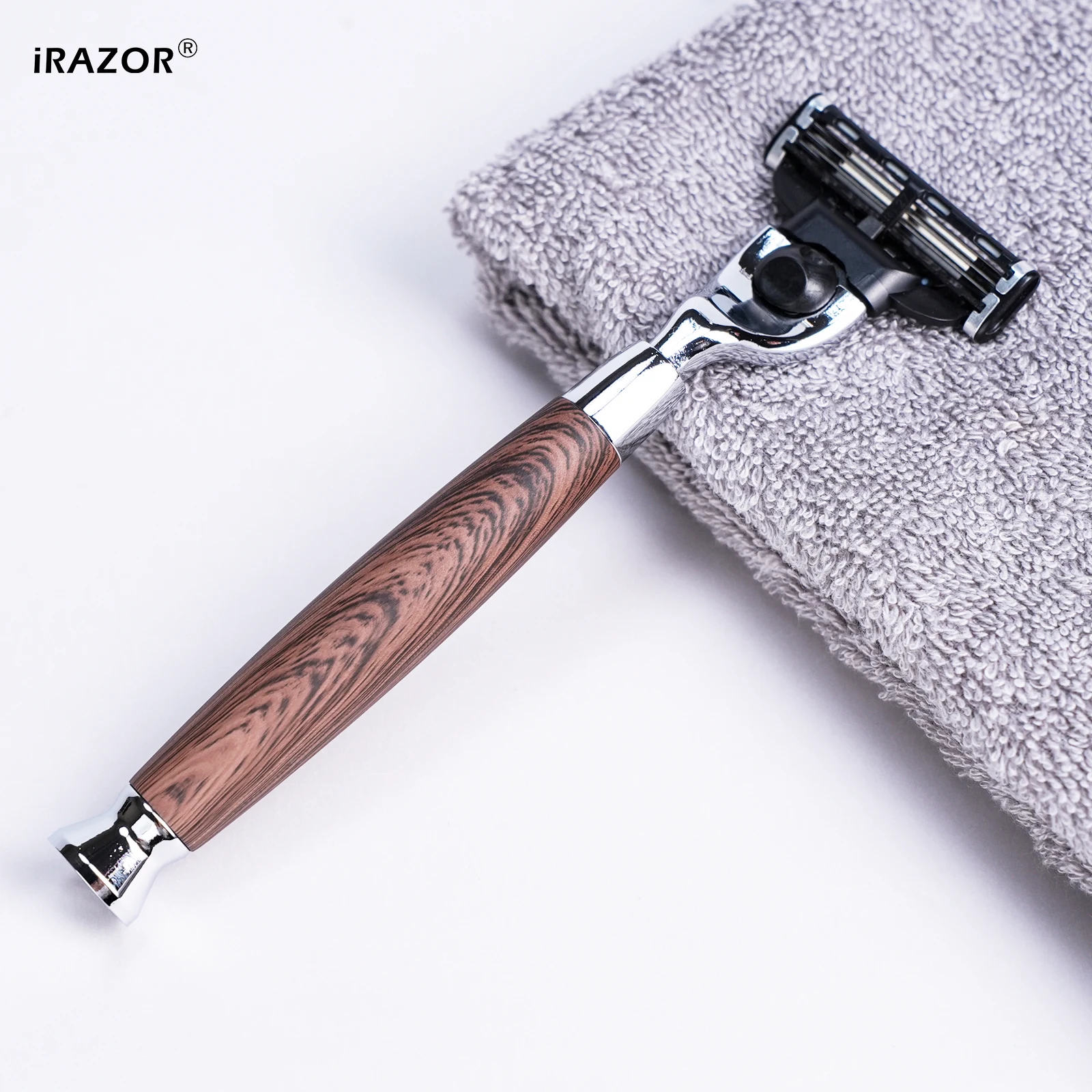 iRAZOR Classic Wood Grain Shaving Razor 3-Blade Mach 3 Compatible Manual Shaver for Men Beard Grooming Tool Dad Husband Gift