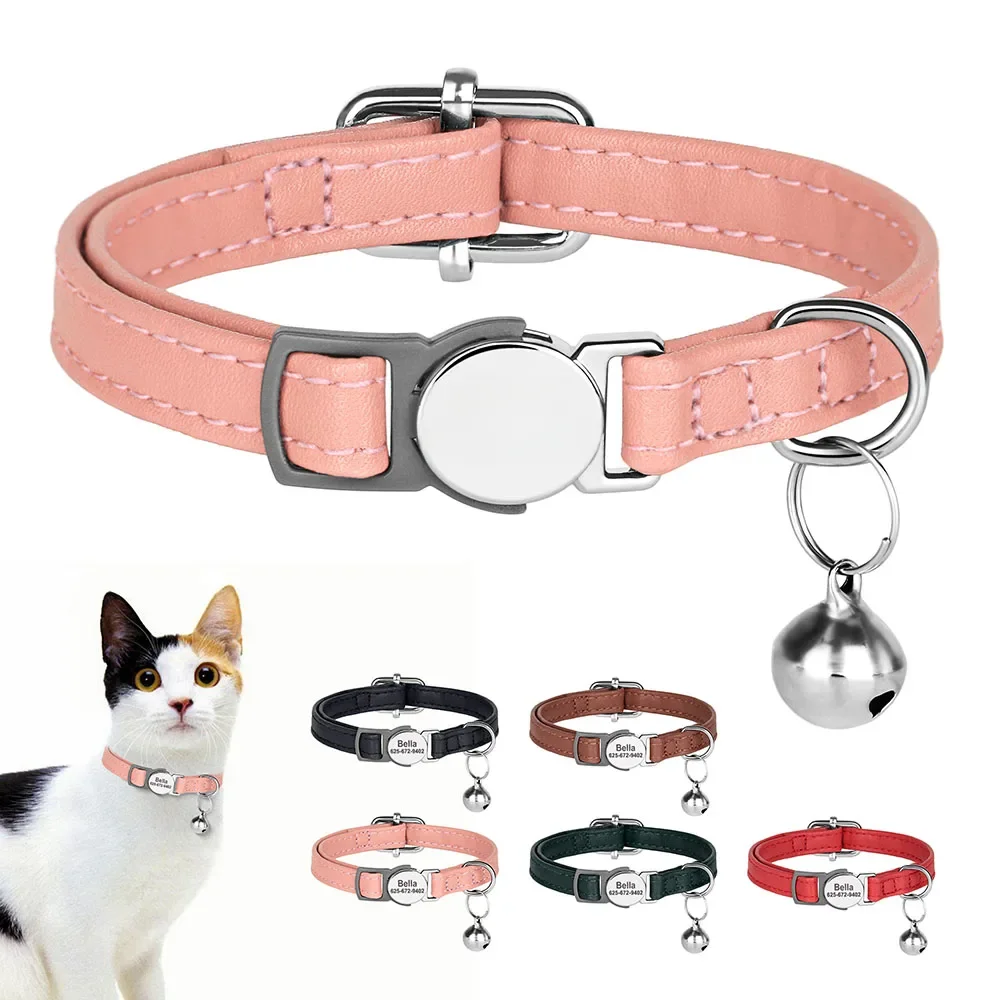Collier de chat personnalisé en cuir PU, colliers de chats à dégagement rapide, colliers de nom d'identification d'animal de compagnie gravés gratuitement réglables pour chats