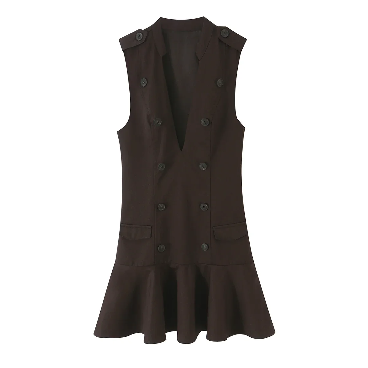 Women Brown Double Breasted Blazer Mini Dress Sleeveless V Neck Epaulette Flounce Hem Short Dress French Chic Office Vestidos