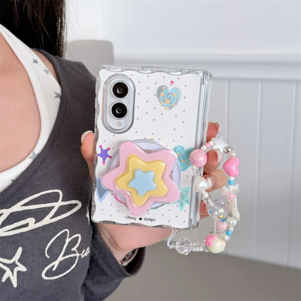 Korean Ins New Star Heart Magnetic Phone Case for Samsung Galaxy Z Fold 8 Fold 8 Cover With Magsafe Stand Chain Shockproof Cover