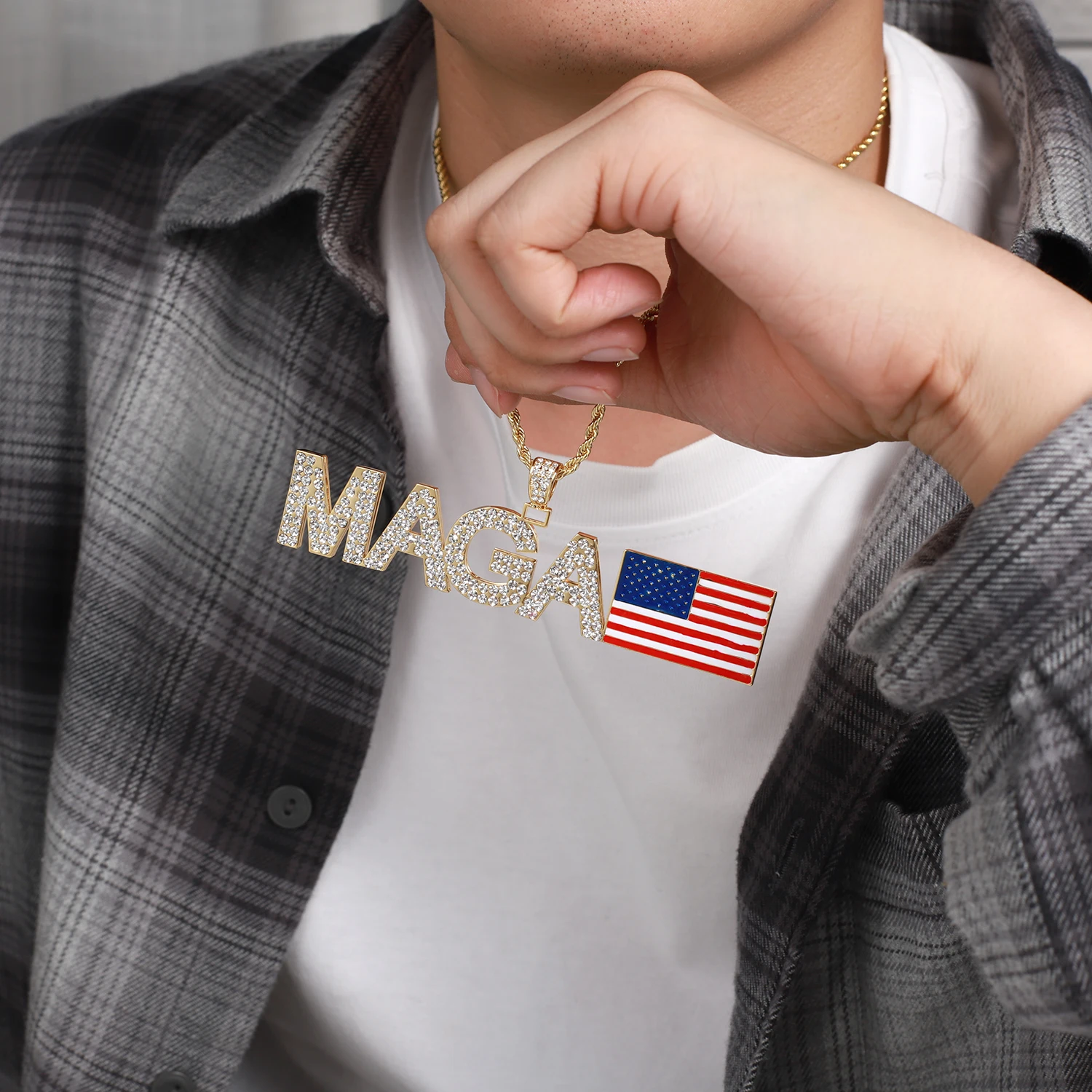 MAGA Hip Hop Iced Out Stainless Steel Pendant Necklace Zirconia Necklaces Men Women Make America Great Again Jewelry Gift