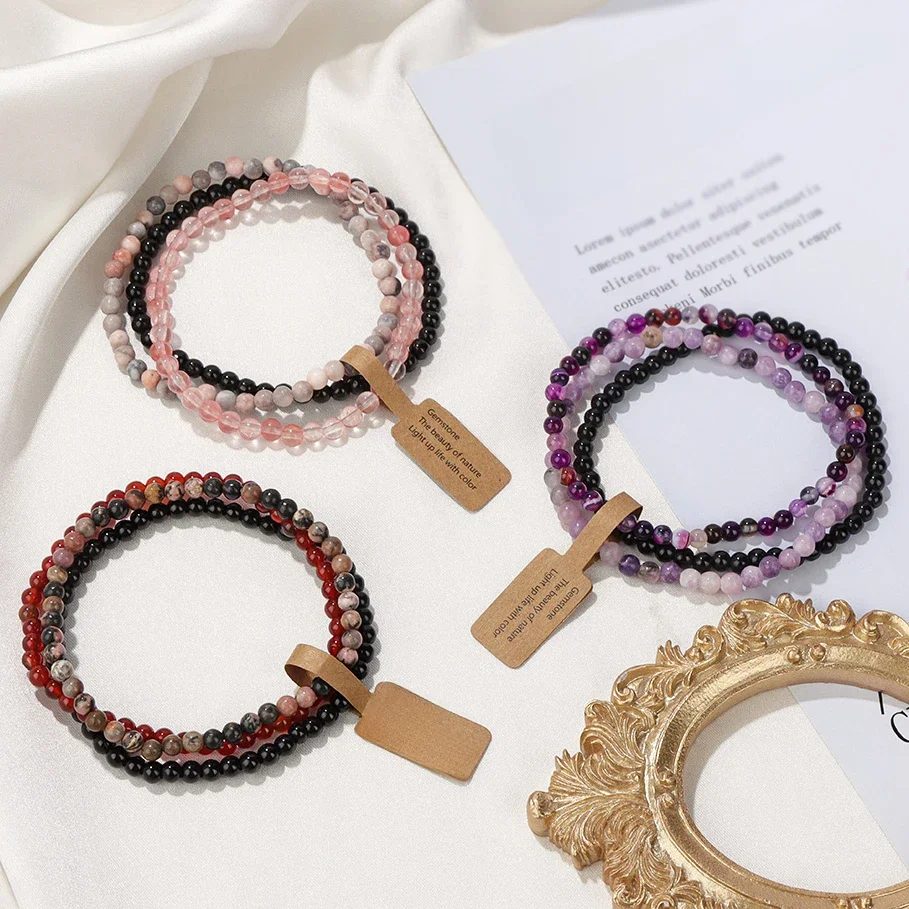 3 stücke Naturstein Perlen elastische Armbänder für Frauen Männer 4mm Quarzs Achate schwarz Onyx