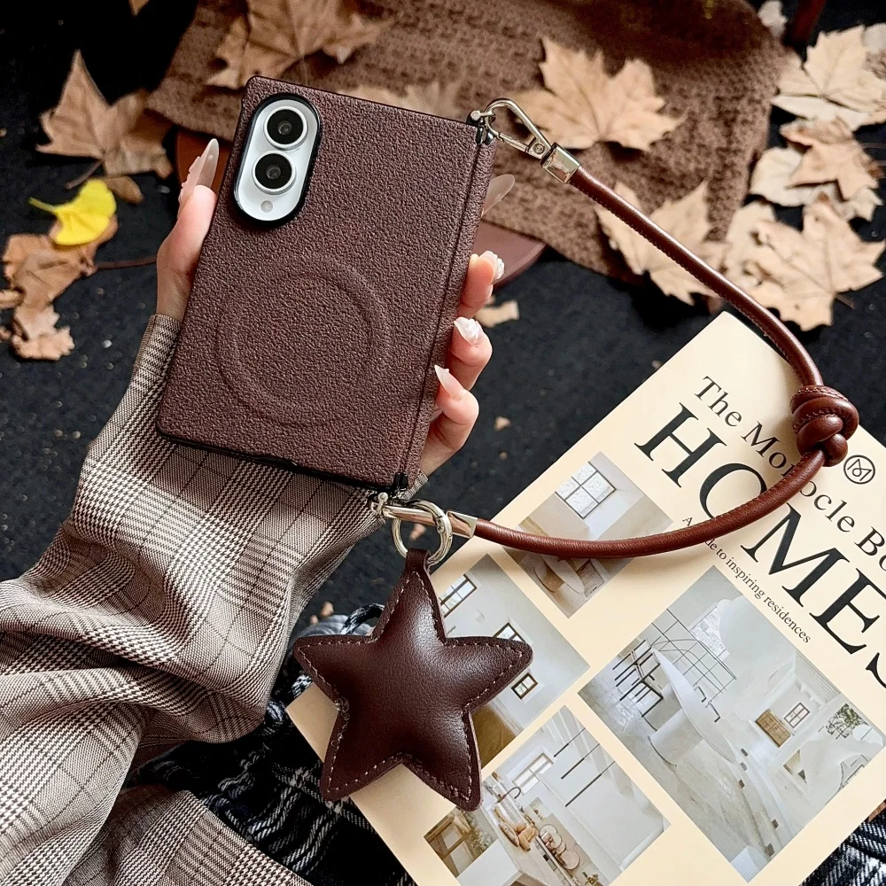 Luxury Brown Magnetic Phone Case for Samsung Galaxy Z Fold 8 Fold 8 Cover Vintage Ins Anti‑Fall Protective Cases With Star Charm