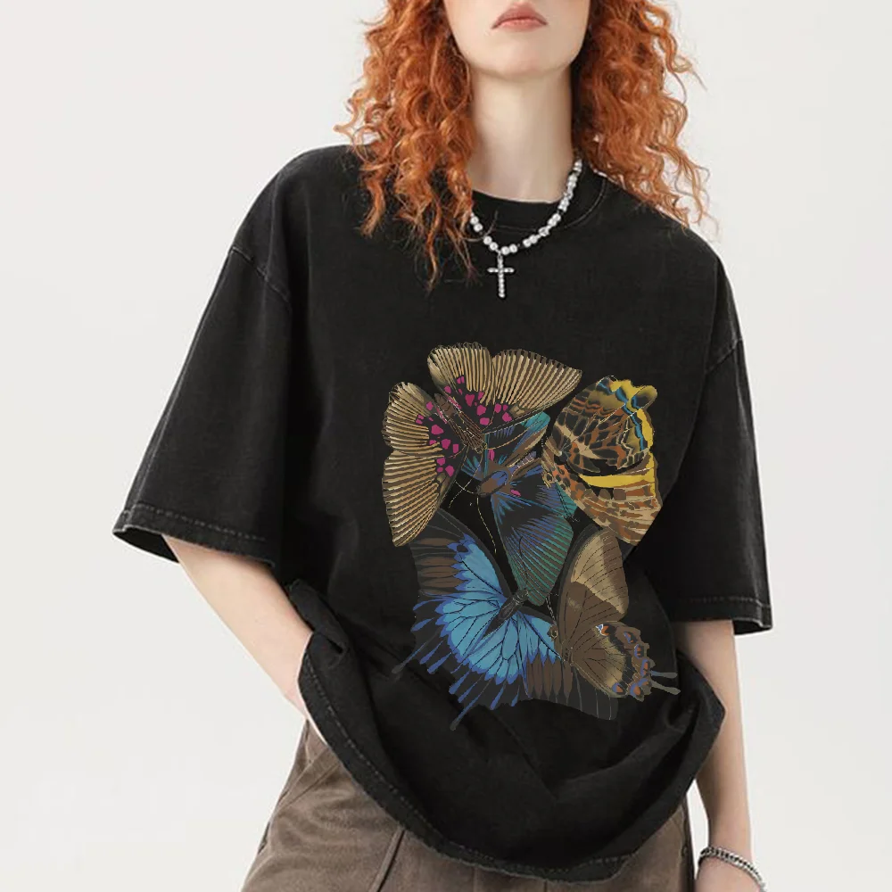 Vintage Style Butterfly Hand-Painted Printed Unisex Short-Sleeve Pure Cotton Washed Comfortable Loose Fit Heavyweight