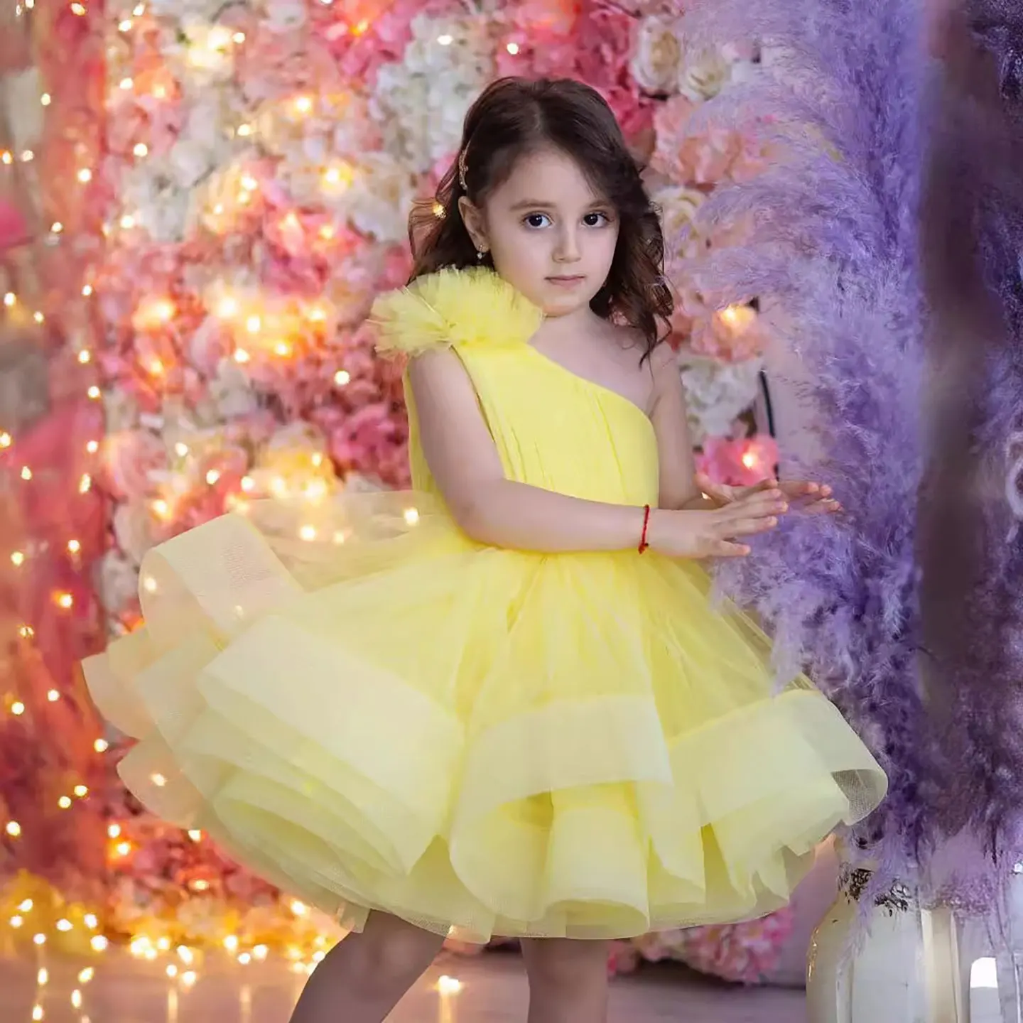 Dreamy Vow D055 Glamorous One-Shoulder Yellow Tulle Flower Girl Dress dresses For Special Occasions Wedding Short Ball Gown 2025