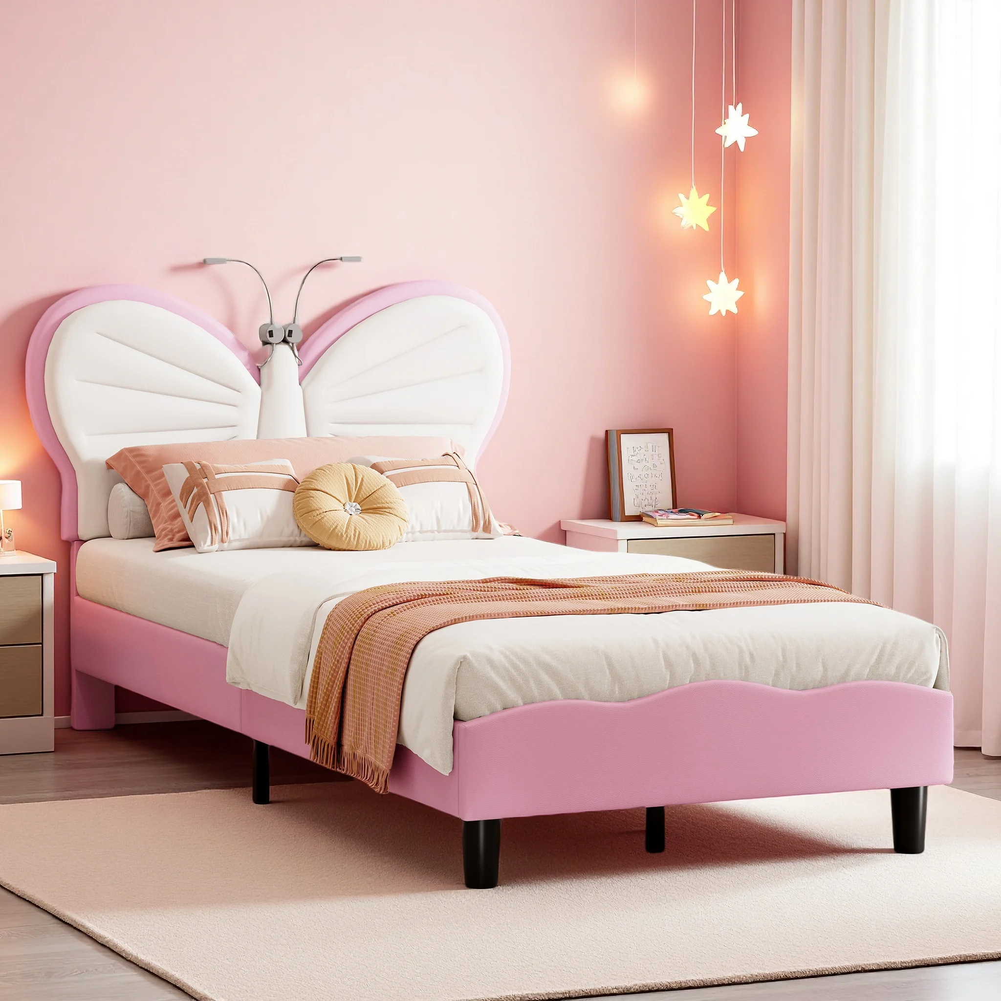 Gestoffeerd bed 90x200cm, kinderbed met ledverlichting, gestoffeerd eenpersoonsbed met houten lattenbodem, bedframe voor meisjes, meisjesbedden met verstelbaar hoofdeinde, jeugdbed, roze/blauw - afbeelding 1