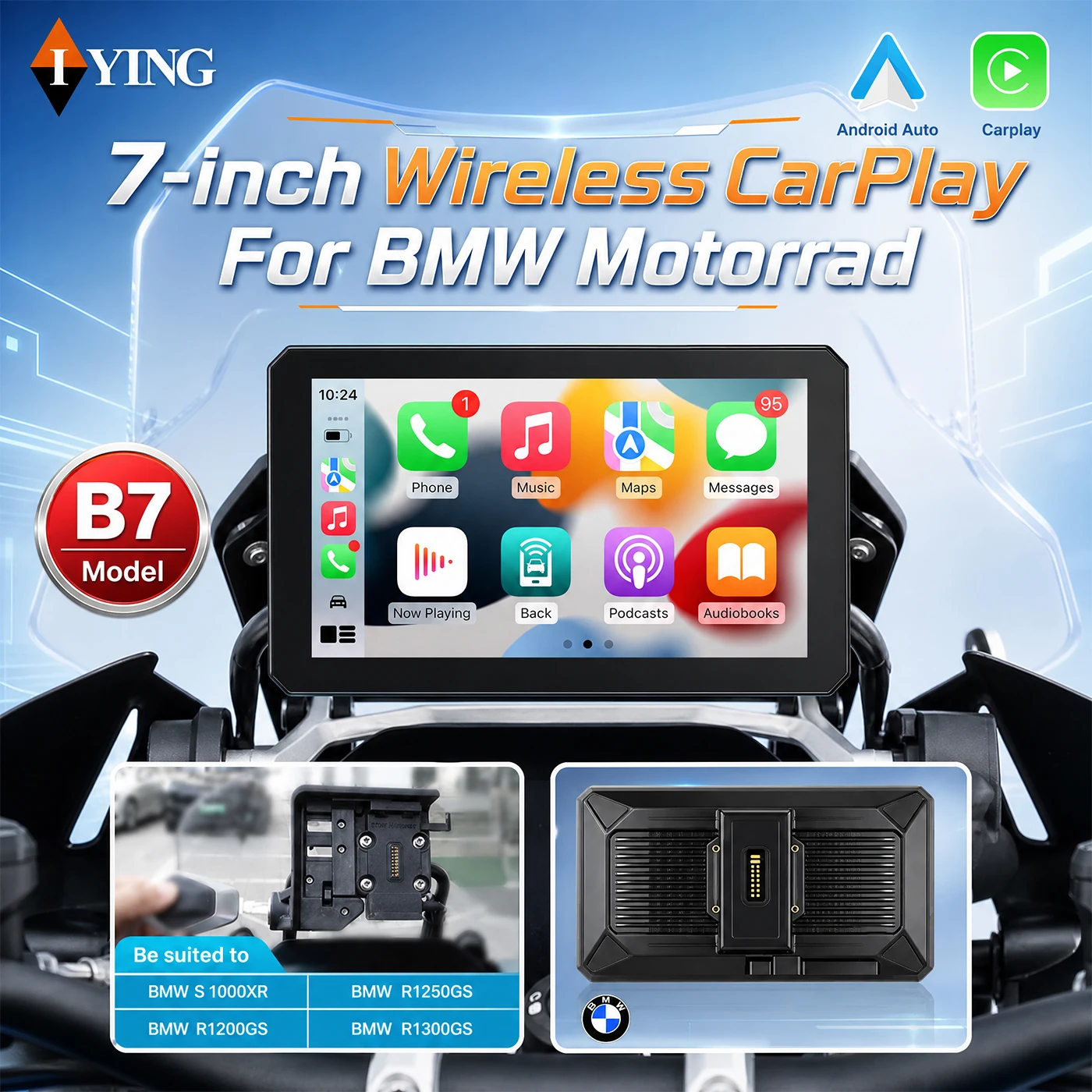 Navigation pour moto de 7 pouces, CarPlay sans fil, Android Auto sans fil, écran portable pour moto étanche IP67, navigation GPS Bluetooth avec écran tactile IPS pour motos