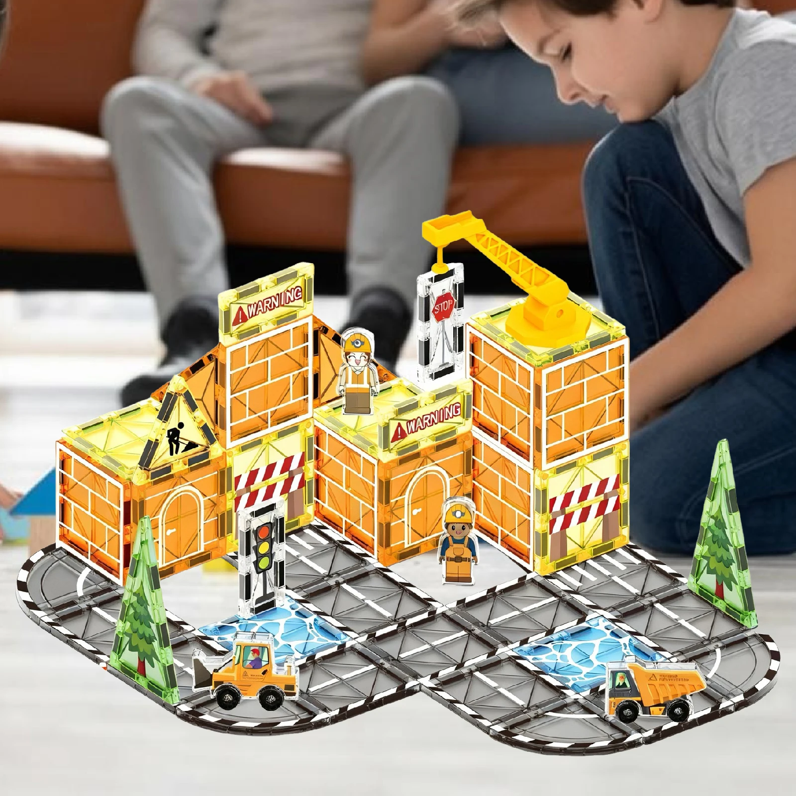 Engineering Theme Magnetic Tiles with Engineer Vehicle Blocks Construction Magnet Tiles Building Toys for Kids STEM Learning Toy