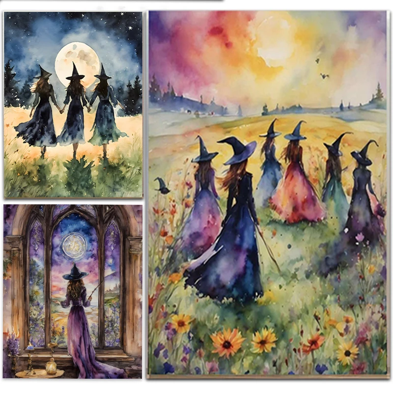 1 PC witch landscape oil painting Halloween poster canvas printing retro mural bizarre home decoration bedroom living room