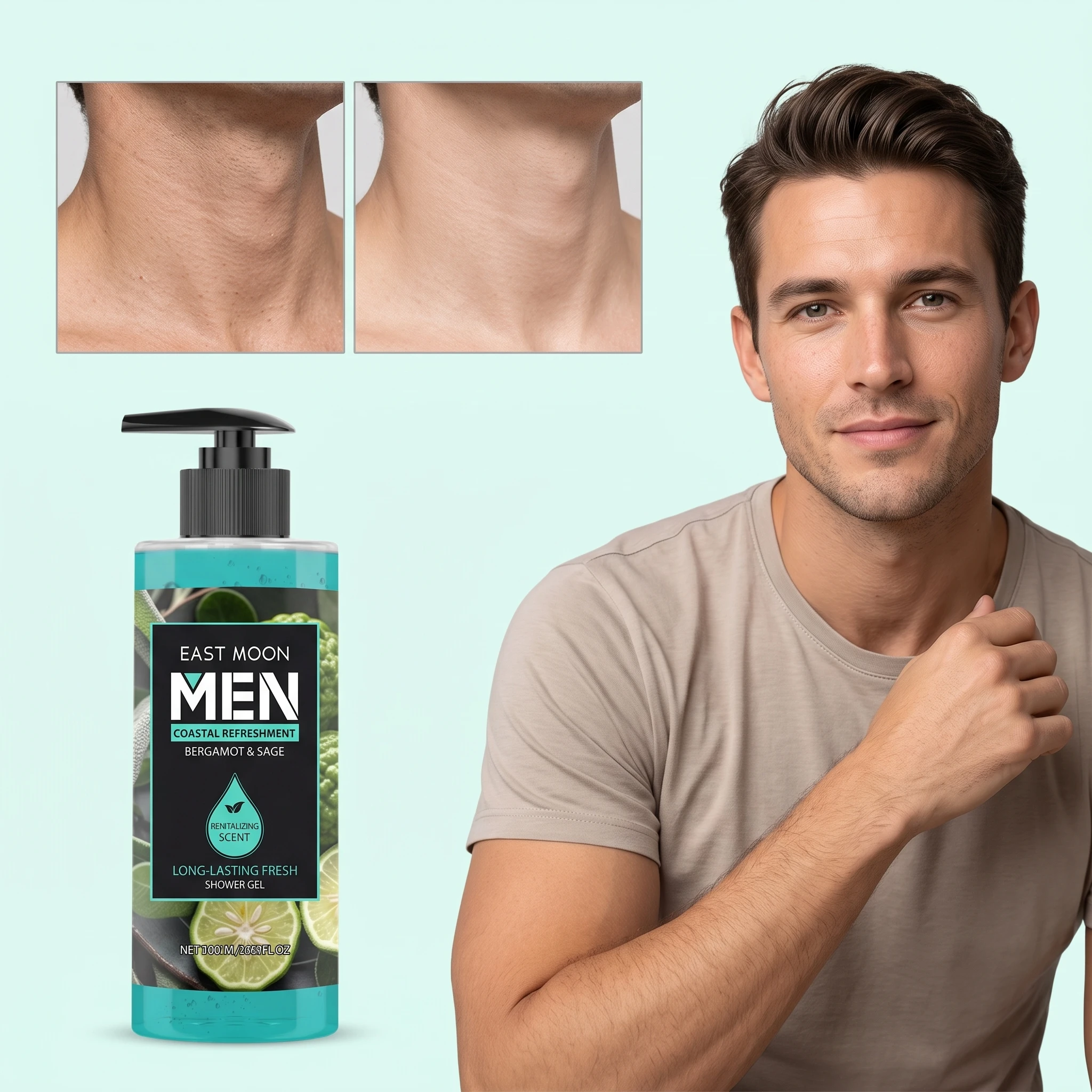 100ML Bergamot & Sage Men Body Shampoo Gentle Cleaning Pores Moisturizing Revitalizing Skin Lasting Fresh Scent Remove Bad Odor Oil Control Body Shower Gel