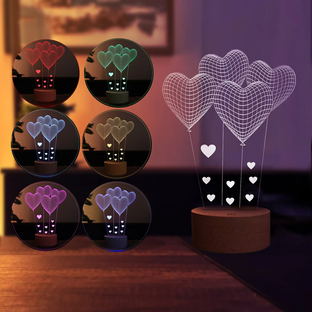 Decorative Gift LED Table Lamp with Small Heart Balloon Figure and Color-Changing Light