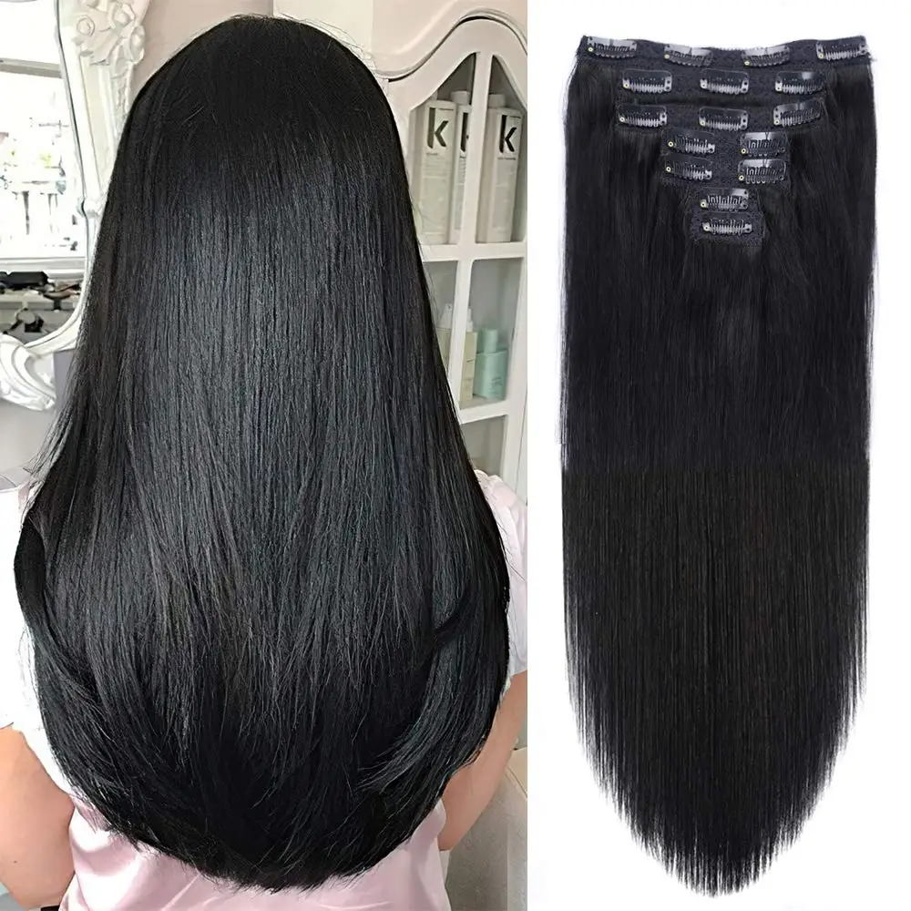 Grampo reto do cabelo humano nas extensões, cabeça 100% não processada, completa, cabelo brasileiro do Virgin, cor preta natural, 8 PCes, 120G