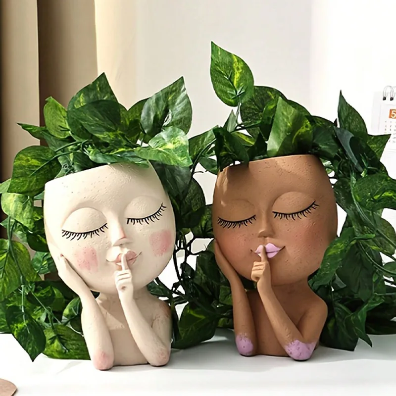 

Female Head Flower Pot Human Cute Portrait Fleshy Succulent Bonsai Planter Resin Girl Vase Sculpture Indoor Plant Pot Flowerpot